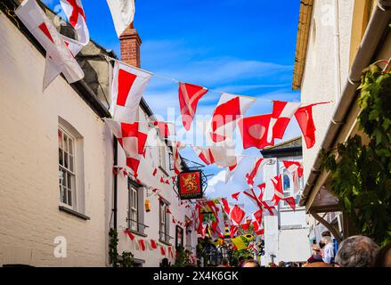 The Golden Lion, home of the red Old 'Oss in the 'Obby 'Oss festival, a traditional annual May Day folk event in Padstow, a coastal town in Cornwall Stock Photo