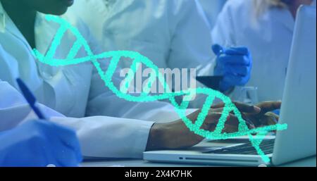 Image of dna strand spinning over scientists in laboratory Stock Photo