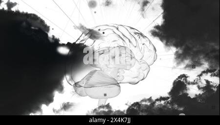 Image of glowing human brain with data processing and clouds Stock Photo