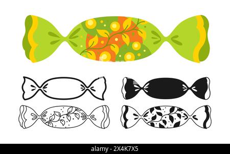 Candy with ornament wrapped sign set. Sweets bonbon lollipop chocolate, caramel candies snack flat silhouette, icon linear design. Simple lolly symbol childish party. Wrapped caramel yummy vector Stock Vector