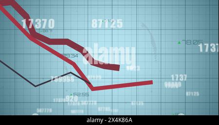 Image of numbers changing and red lines over spinning globe Stock Photo