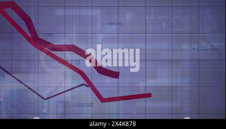 Image of numbers changing and red lines over grid Stock Photo