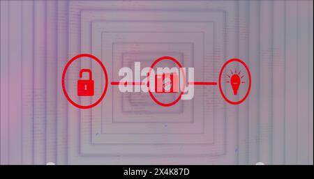 Image of digital interface with red interconnected icons on squares Stock Photo