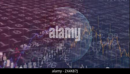 Image of financial data and binary coding processing over globe Stock Photo