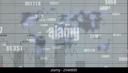 Image of financial data processing and numbers changing over world map Stock Photo