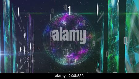 Image of letters and numbers over spinning globe and digital screen Stock Photo