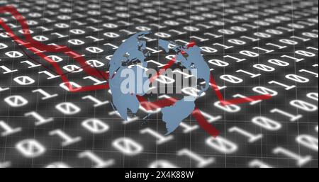 Image of financial data processing with red lines and globe spinning over binary coding Stock Photo