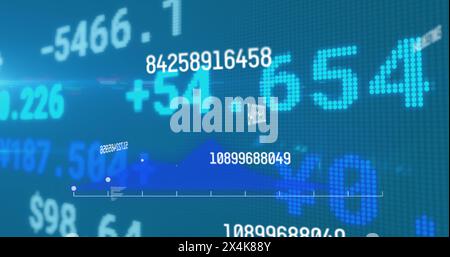 Image of numbers changing and financial data processing on blue background Stock Photo