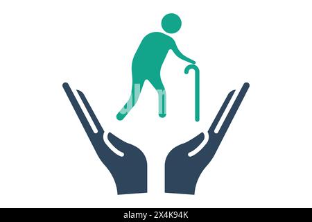 insurance icon. hand with elderly. icon related to elderly. solid icon style. old age element illustration Stock Vector
