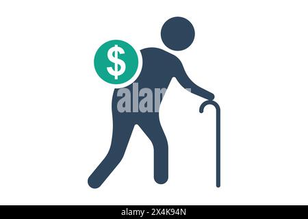 retirement icon. elderly using walking stick with dollar. icon related to elderly. solid icon style. old age element illustration Stock Vector