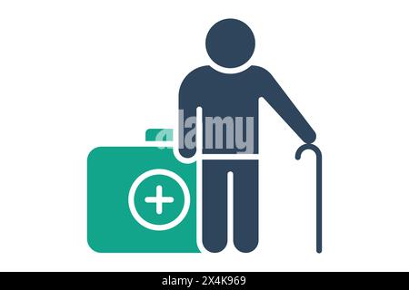 health icon. elderly using walking stick with health box. icon related to elderly. solid icon style. old age element illustration Stock Vector