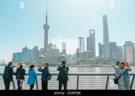 Shanghai, 8 April 2024: Shanghai skyline at Bund with Oriental Pearl ...
