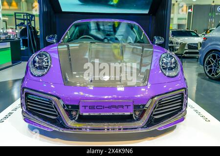 Porsche violet car modify from TechArt. Challenger Hall, Impact Muangthong. International Motor Show. Thailand, Bangkok 07 april 2024. Stock Photo