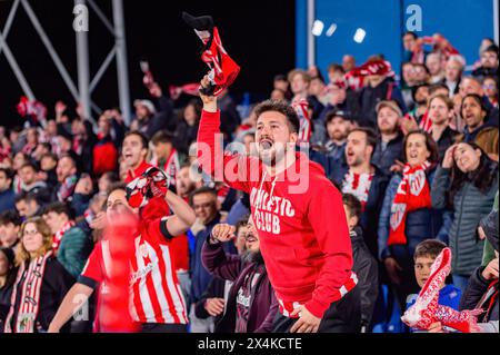 Getafe, Spain. 03rd May, 2024. Athletic Club Bilbao fans seen celebrating the victory during the La Liga EA Sports 2023/24 football match between Getafe CF vs Athletic Club Bilbao at Estadio Coliseum. Getafe 0 : 2 Athletic Club Bilbao Credit: SOPA Images Limited/Alamy Live News Stock Photo
