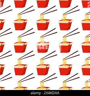 A red box with noodles and chopsticks sticking out of it. Fast food. Traditional Asian noodles. Udon. Hand drawn vector illustration. pattern seamless Stock Vector
