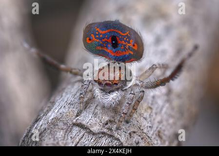 Peacock spider, Maratus mungaich, displaying for a female. Stock Photo