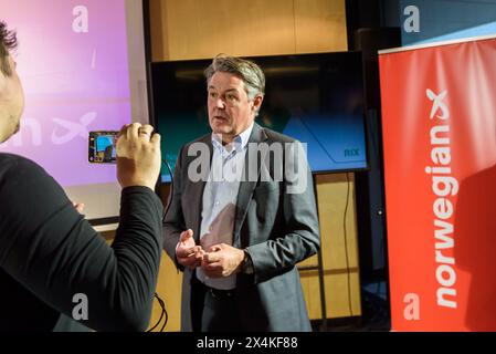 RIGA, LATVIA. 30th April 2024. Geir Karlsen, CEO of Norwegian.  Norwegian airline company opens base, at Riga International Airport (RIX). Stock Photo