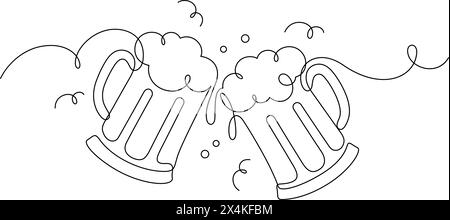 beer glass clinking in one line drawing funny and happy hour party celebration thin line continuous vector Stock Vector