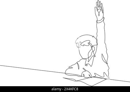 continuous line drawing of boy kid raising hand for asking teacher in classroom vector illustration Stock Vector