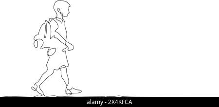 continuous line drawing of school boy walking on the way of education concept thin line illustration vector Stock Vector