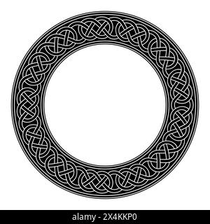 Celtic knotwork, circle frame with decorative loop border, pattern in Celtic style. Intertwined lines forming seamlessly connected sling knots. Stock Photo