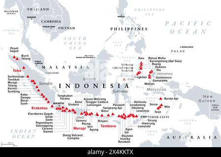 Major volcanoes in Indonesia, political map. Southeast Asian country dominated by volcanoes, formed by subduction zones, and part of Ring of Fire. Stock Photo