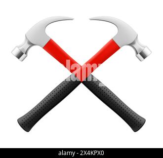 Two Crossed Carpenter's hammers isolated on white background. Fitter's hammer for chiselling and driving in nails and dowels as well as for joining co Stock Vector