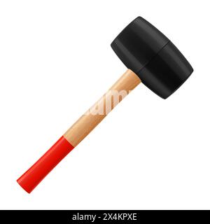 Rubber mallet with wooden handle, isolated on white background. Tile hammer. Hand tools for laying tiles and stones. Tool for straightening work. Tile Stock Vector