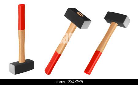 Sledge hammers in different angles, isolated on white background, Sledgehammer used for heavy blacksmith work, dismantling and assembly of structures. Stock Vector