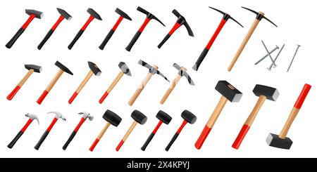 Set of hammers and pickaxe, sledge hammers, rubber mallets, steel nails, isolated on white. Working tool of carpenter, builder. Tools for hammering na Stock Vector