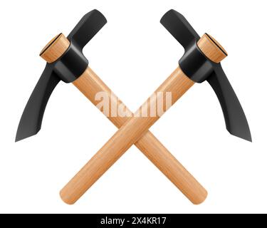 Crossed pickaxe hammers isolated on white background. Hand percussion tool for master stonemasons, builders, sculptors for processing various types of Stock Vector