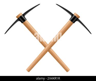 Crossed pickaxe hammers or pick axe isolated on white. Geological rock pick hammer. Hand percussion tool for master stonemasons, builders, sculptors f Stock Vector