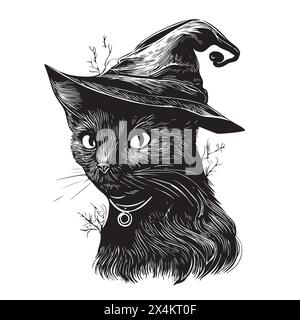 Black cat with pointy witch hat line art and dot work. Wiccan familiar spirit, halloween or pagan witchcraft theme tapestry print design vector illustration Stock Vector