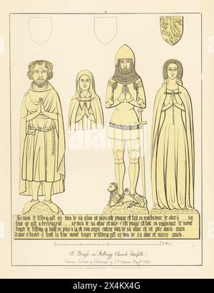 Sir Simon de Felbrigge, standard bearer to Richard II, 1274-1351, wife Alice, son Sir Roger de Felbrigge, 1316-1380, and wife Elizabeth de Scales. Roger in suit of armor and helm, died in battle in Prussia. From a memorial brass in St Margaret's Church, Felbrigg, Norfolk. Handtinted copperplate engraving drawn, etched and published by John Sell Cotman in Engravings of the Most Remarkable of the Sepulchral Brasses in Suffolk, Henry Bohn, London, 1818. Stock Photo