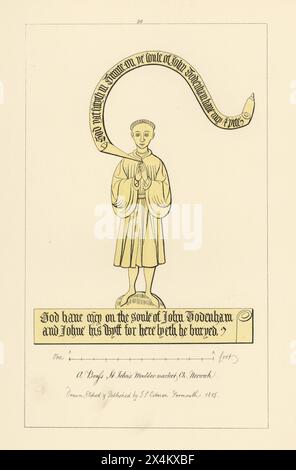 John Todenham, circa 1460, buried with his wife Joan (Johne his wyff). Man with tonsure hairstyle and simple robe. Memorial brass in St. John the Baptist church, Maddermarket, Norwich. Handtinted copperplate engraving drawn, etched and published by John Sell Cotman in Engravings of the Most Remarkable of the Sepulchral Brasses in Suffolk, Henry Bohn, London, 1818. Stock Photo