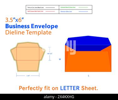 Business Envelope 3.5 x 6 Inches Die line Template With 3D design. Overall, a business envelope serves as a professional and functional means of sending Stock Vector