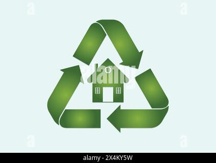 Vector illustration of a unique and eco-friendly green house with sustainable symbol of recycling. Green eco concept. Stock Vector