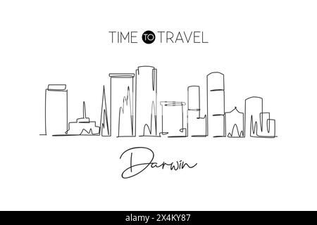 Single continuous line drawing Darwin city skyline, Australia. Famous city scraper and landscape. World travel concept home wall decor art poster prin Stock Vector