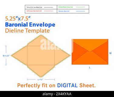 Baronial Envelope W 5.25, L 7.5 Inches Die line Template. A baronial envelope is a type of envelope characterized by its elegant and classic design. It Stock Vector