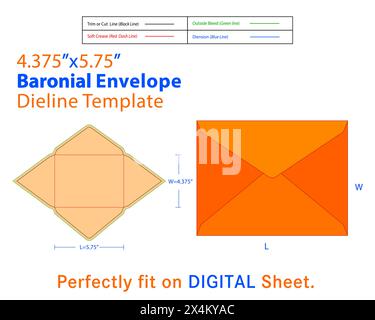 Baronial Envelope W 4.375, L 5.75 Inches Dieline Template. A baronial envelope is a type of envelope characterized by its elegant and classic design. Stock Vector