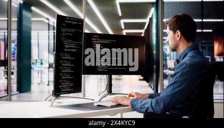 Web Developer Looking At Code. Computer Database Software Programming Stock Photo