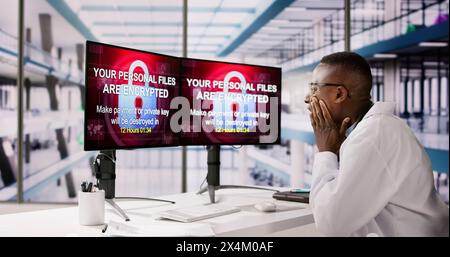 Medical Hospital Malware Ransom Extortion Breach. Shocked Doctor Stock Photo