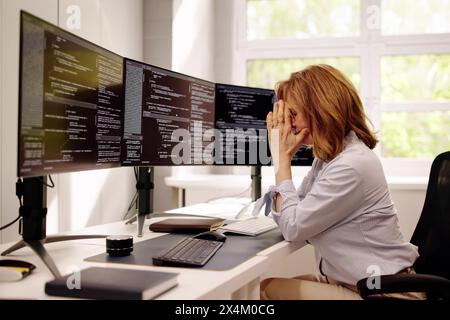 Unhappy Sad Developer Programmer Woman In Stress Coding Software On Computer Stock Photo