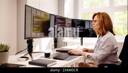 Software Programmer Or Coder Woman Using Office Computer Stock Photo