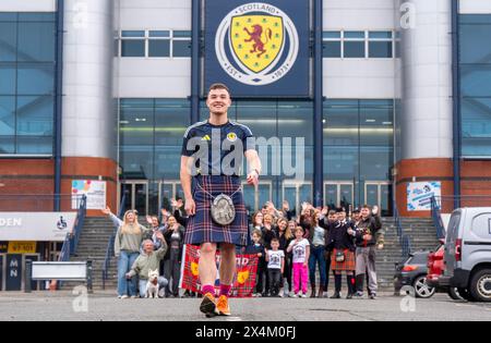 Craig Ferguson, 20, begins his 1,000 mile walk from Scotland's national football stadium Hampden Park, in Glasgow, to Munich to raise money towards Brothers in Arms, a Scottish men's mental health charity. He hopes to hit a target of £50,000 to raise money and awareness for men's mental health. Picture date: Saturday May 4, 2024. Stock Photo