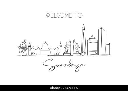 One single line drawing of Surabaya city skyline Indonesia. Historical town landscape home wall decor poster print art. Best holiday destination. Tren Stock Vector