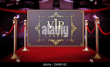VIP lounge signboard with red carpet and velvet ropes. 3D illustration ...