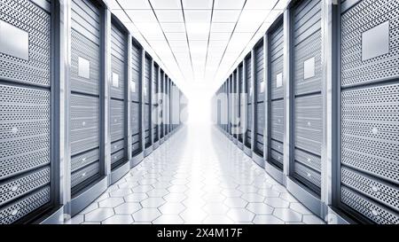 Network servers in a row in the room. 3D illustration. Stock Photo