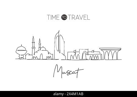 One single line drawing of Muscat city skyline, Oman. Historical town landscape in the world. Best holiday destination. Editable stroke trendy continu Stock Vector