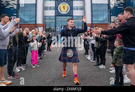 Craig Ferguson, 20, begins his 1,000 mile walk from Scotland's national football stadium Hampden Park, in Glasgow, to Munich to raise money towards Brothers in Arms, a Scottish men's mental health charity. He hopes to hit a target of £50,000 to raise money and awareness for men's mental health. Picture date: Saturday May 4, 2024. Stock Photo